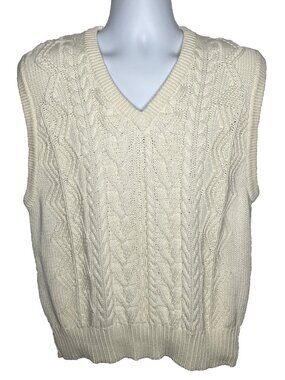 Vintage 90s Eddie Bauer Sweater Vest Size XL Ivory Cable Knit Pullover
